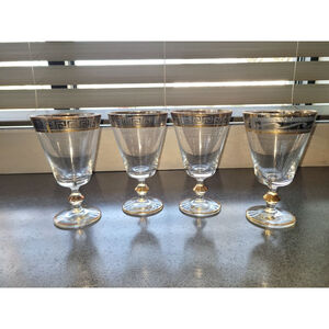 Set of 4 Vintage Italian Prezioso Gold Rim Wine Glasses Greek Key Hand Decorated